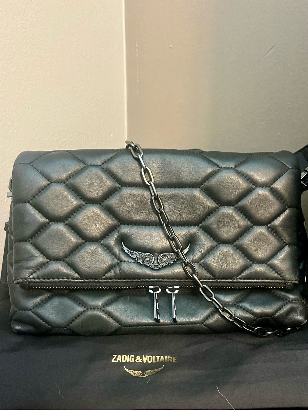 Zadig & Voltaire Quilted Black Leather Shoulder Bag with Gunmetal Chain